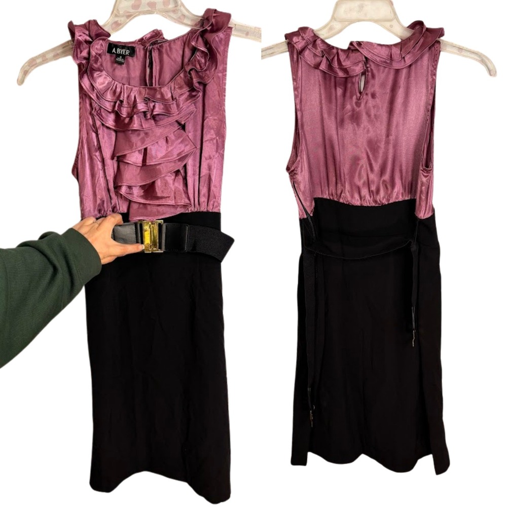 Y2K A Byer Purple Black Dress Size 9 Ruffle Front Belted Clubwear Bodycon